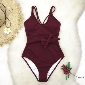 NWT // CUPSHE Swimsuit //Burgundy Bowknot One-Piece (Cross Solid Monokini)